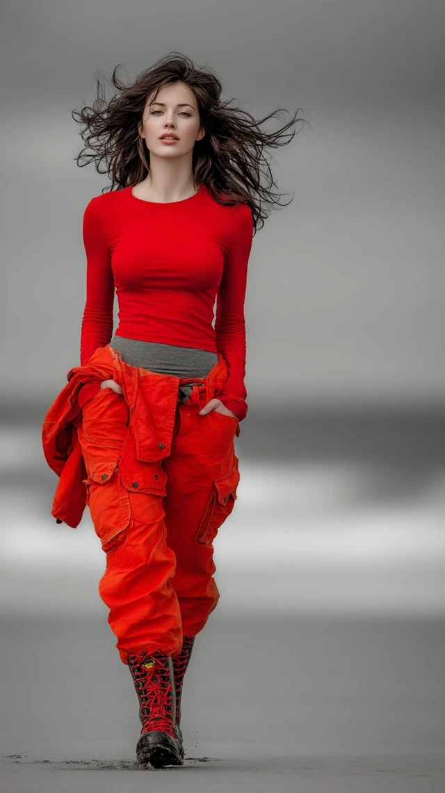 Woman in Red on Stormy Beach