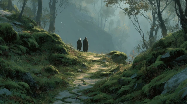 Gandalf and Frodo Hiking Through a Misty Landscape