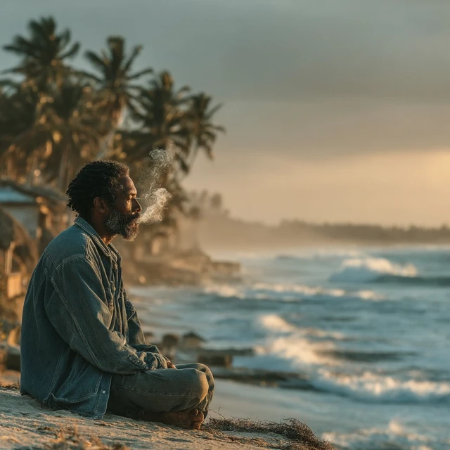 Man Smoking Cigar on Beach Alone Palm Trees