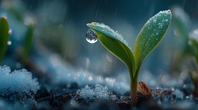 Emerald Green Plant Emerging From Snow Macro Photo