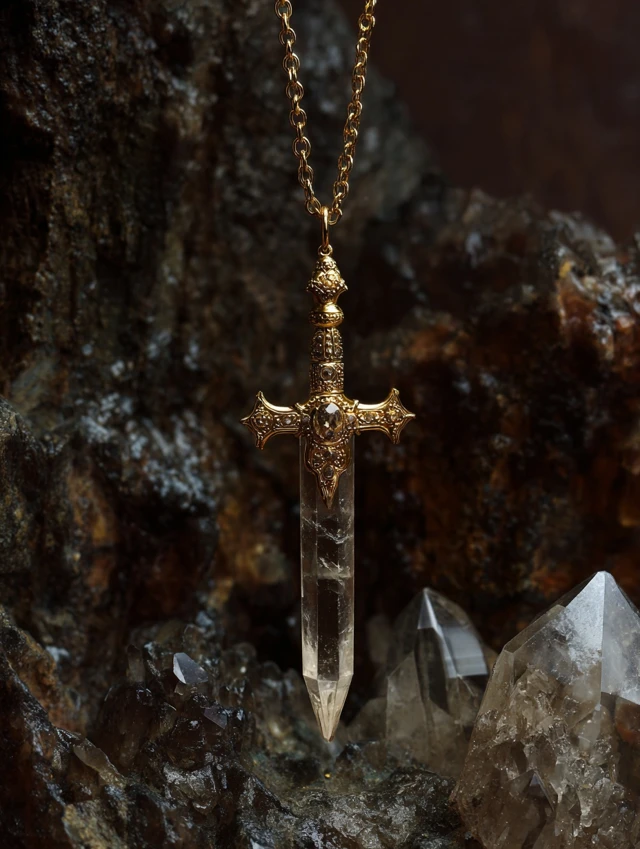 Golden Pendant Sword Necklace with Crystal Blade