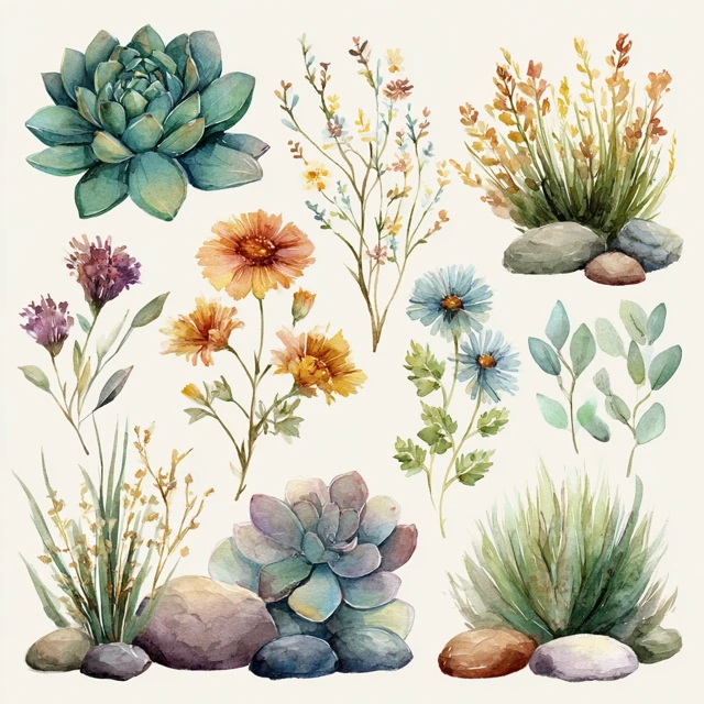 Watercolor Succulents Flowers Stones Clipart