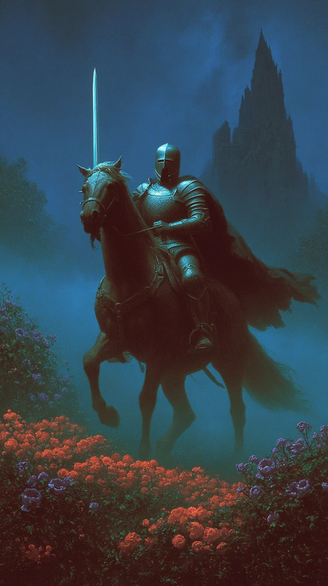Knight on Horseback at Night Glowing Flowers
