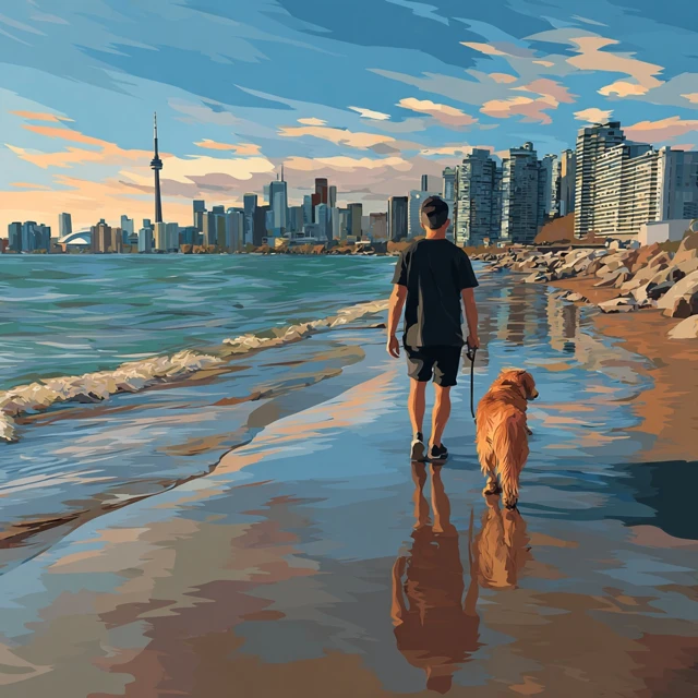 Toronto Beach Walk Man and Golden Retriever