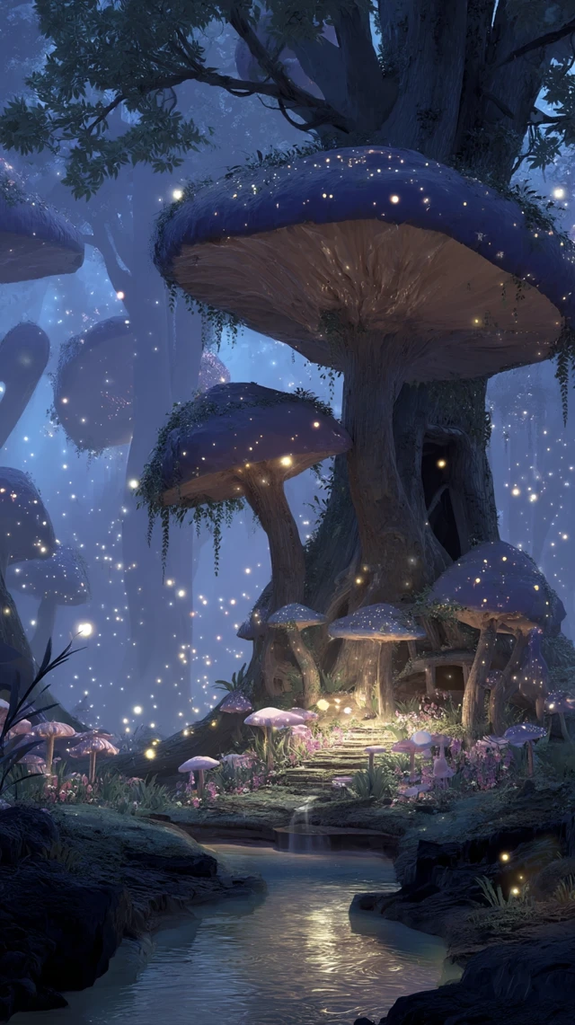 Mysterious Mushroom Castle at Dusk Fantasy Art