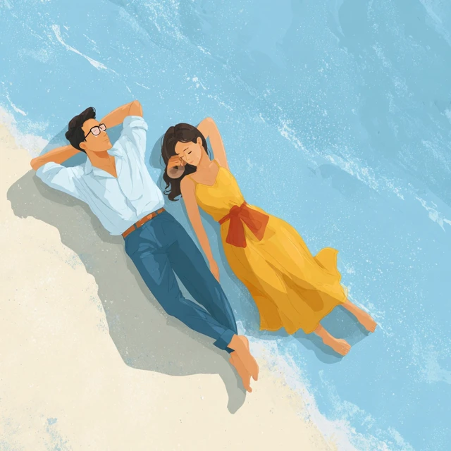 Couple Relaxing on Beach Cartoon Illustration