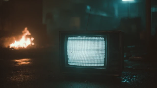 Mysterious TV Static in Burning Scene Cinematic Still