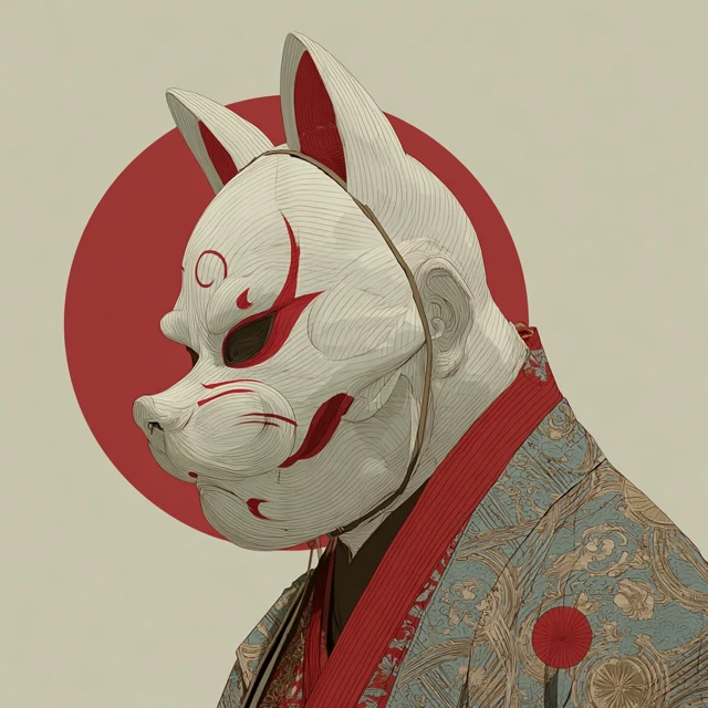 Kitsune Mask Ukiyo e Art Inspired by Shiba Kokan