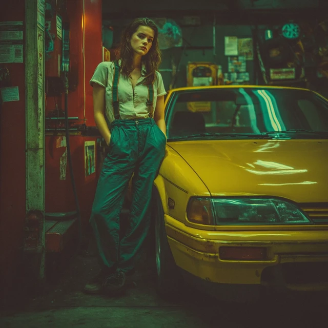 Woman by a Vintage Car Atmospheric Scene