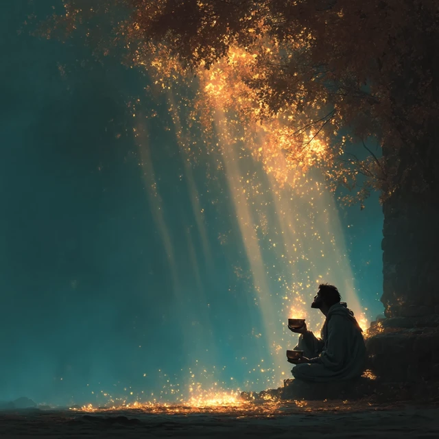 Man Drinking Wine Under Tree with Golden Light