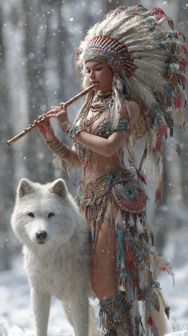 Native American Woman with Wolf in Snowy Forest