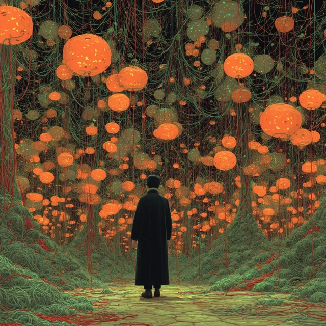 Dark Fantasy Room with Glowing Wires and Balloons