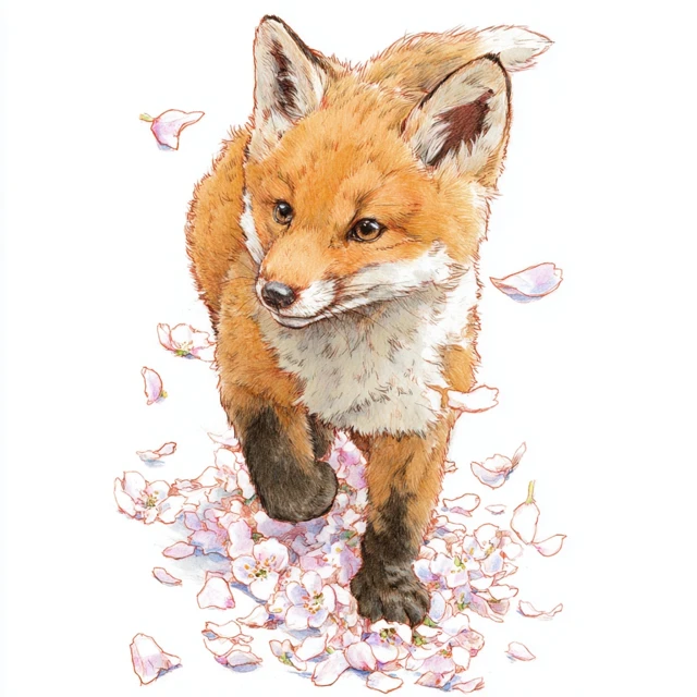 Fox Kit Playing in Cherry Blossoms Watercolor Art