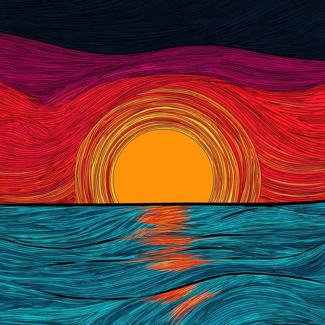 Sunset Over the Sea Colorful Illustration