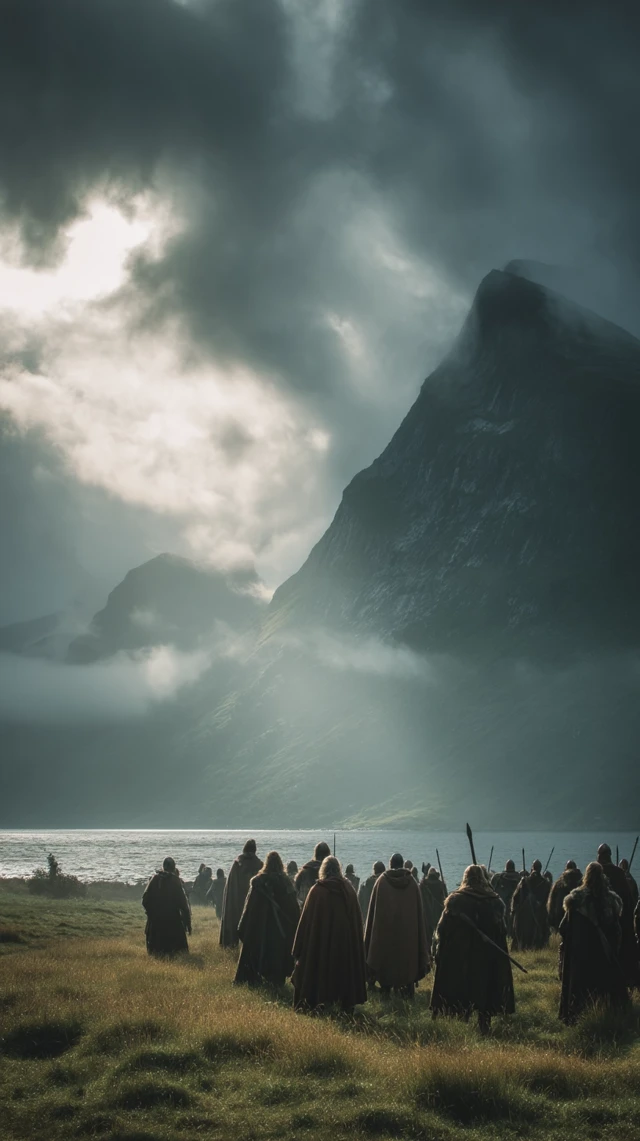 Viking Warriors Gathering Near Fjord Dramatic Scene