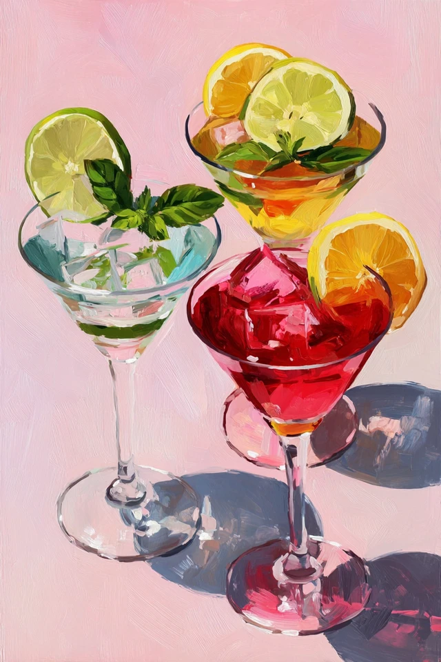 Cocktail Painting Martini Glasses with Lemon Lime and Mint