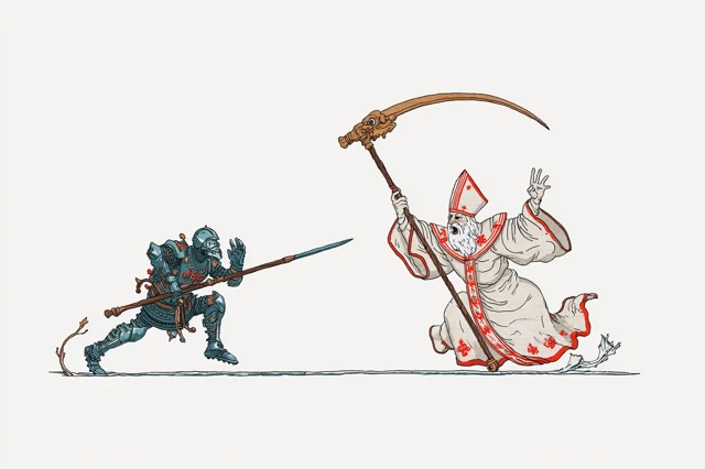 Medieval Knight vs Pope Illustration Beige Background
