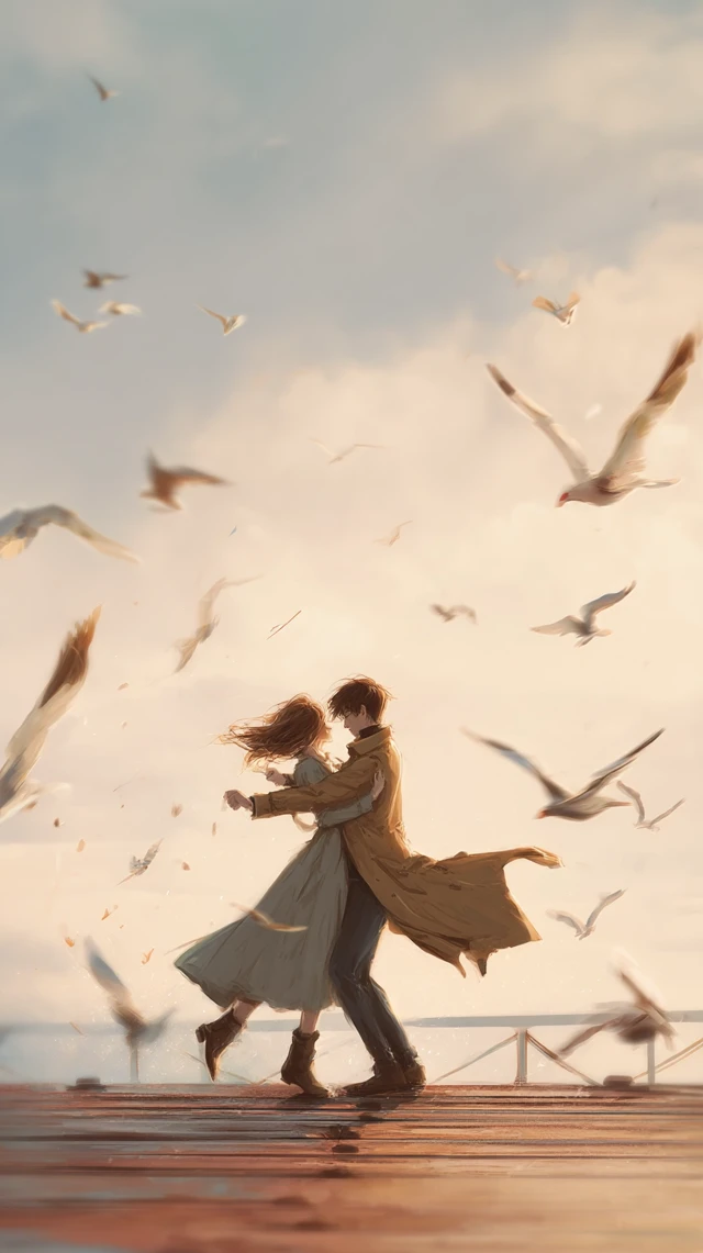 Couple Dancing on Pier Digital Watercolor Painting