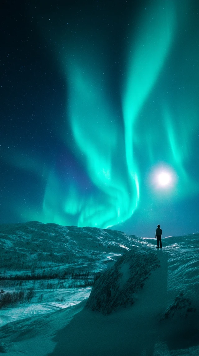 Northern Lights Traveler Snowy Landscape Adventure