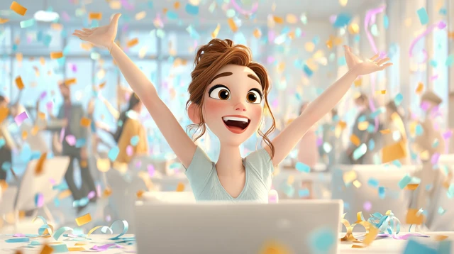 Success Celebration Animated Woman with Laptop