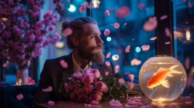 Romantic Man with Flowers in a Cafe Scene