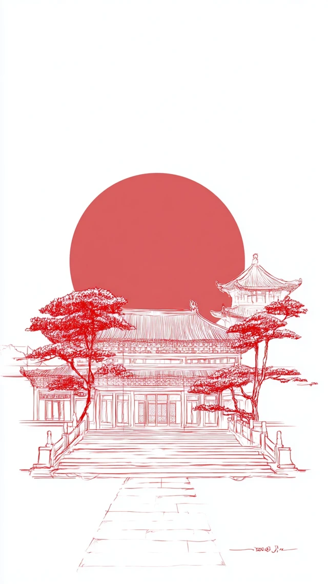 Minimalist Chinese Architecture Red Sketch Outline