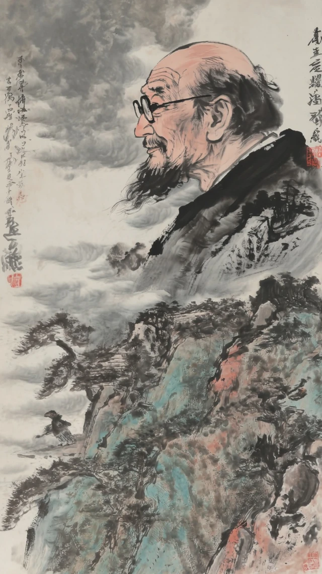 Ink Wash Portrait Elderly Man and Landscape Painting