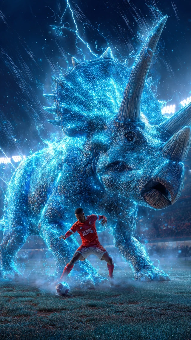 Cyberpunk Football Triceratops in Stormy Stadium