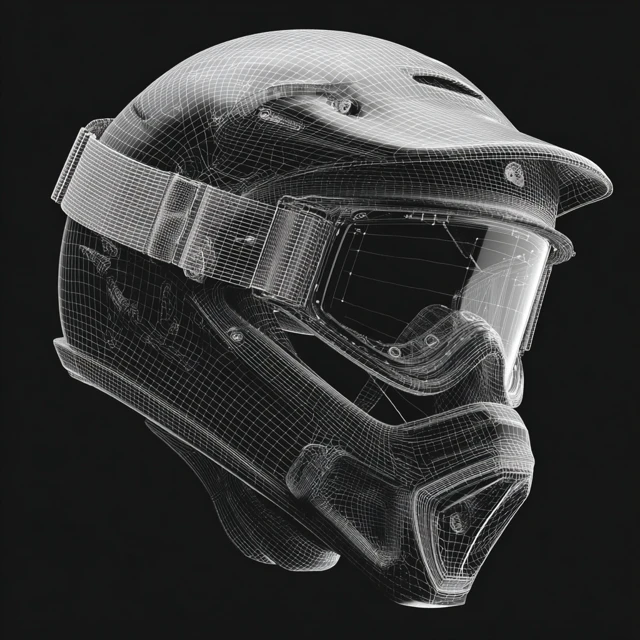 Electric Bike Helmet with VR Goggles Wireframe Draft