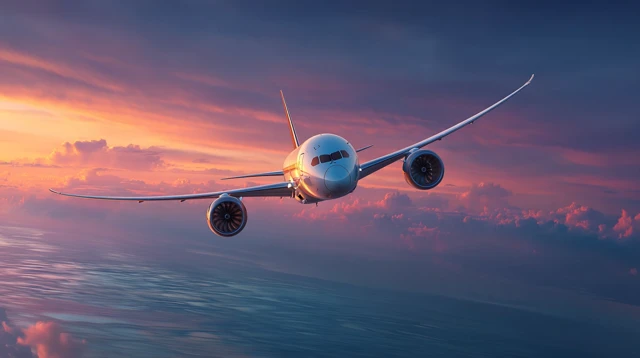 Airplane Flying Through Twilight Sky