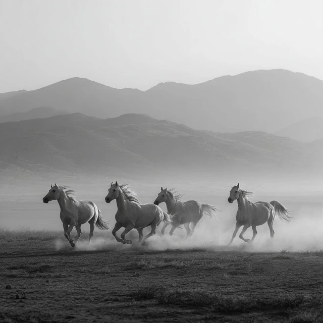 Akhal Tekes Horses Running in the Desert Black and White