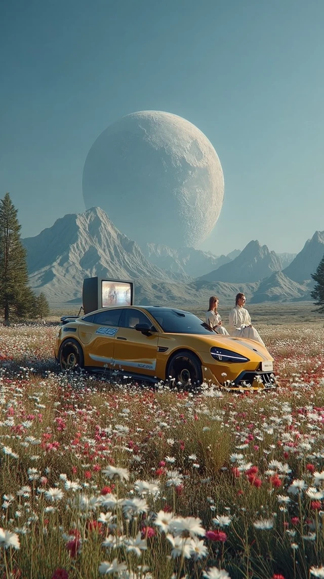 Surreal Lunar Landscape Yellow Car and Flowers 8K