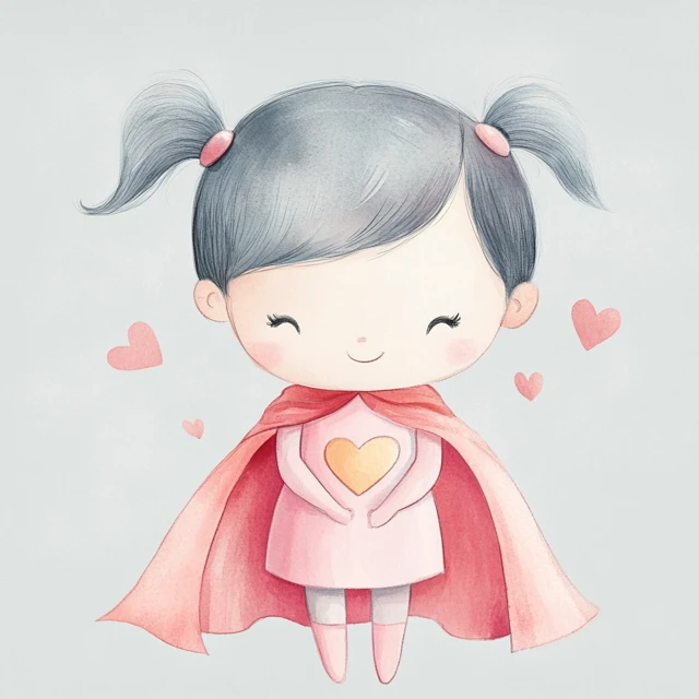 Cute Asian Superhero Girl Watercolor Illustration