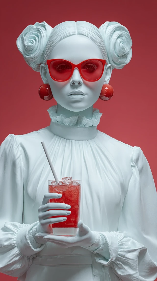 Fashion Sculpture: White Figure with Red Sunglasses and Drink