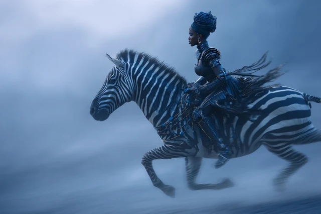 Nymph Riding Zebra Through African Fog