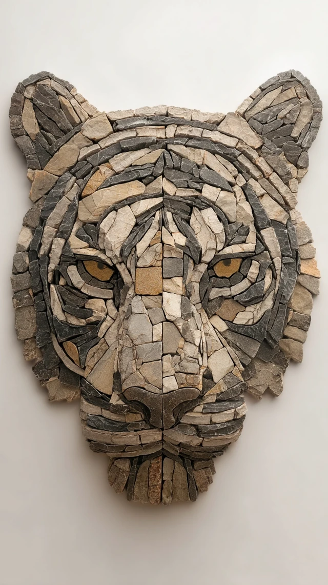 Stone Tiger Head Art on White Wall