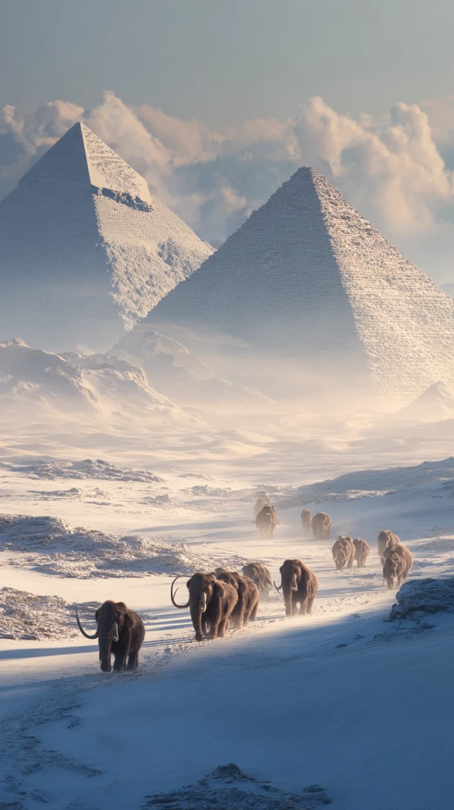 Woolly Mammoths in Snowy Egypt Ancient Scene