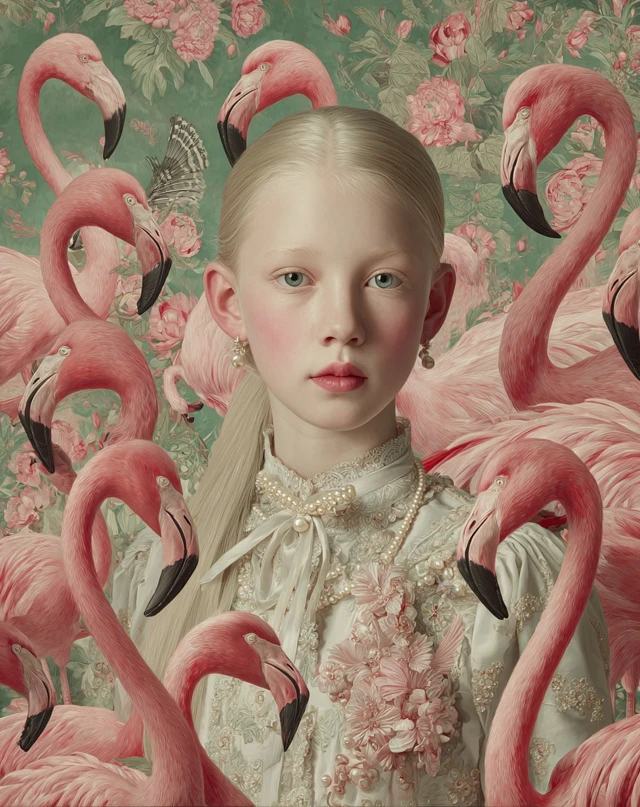 Rococo Portrait Albino Girl Flamingos Pastel Tones