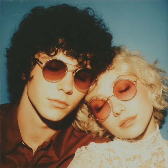70s Retro Couple Photo: Sunglasses, Curls, and Style