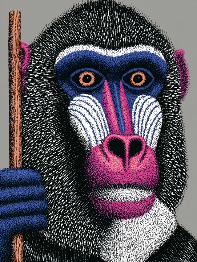 Striking Mandrill Holding Stick Illustration