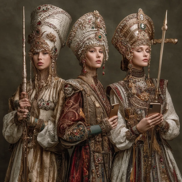 Warrior Women in Russian Dress Posting on Social Media