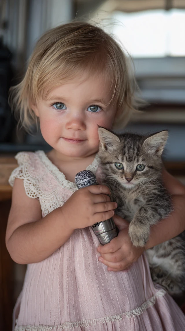 Baby Girl Kitten Portrait Vintage Microphone