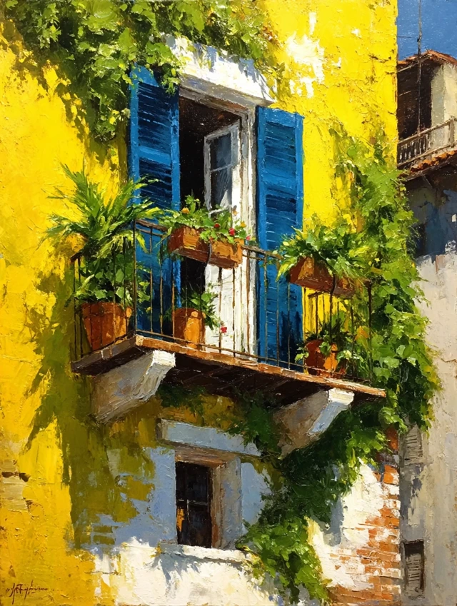 Italian Mediterranean Balcony Oil Painting