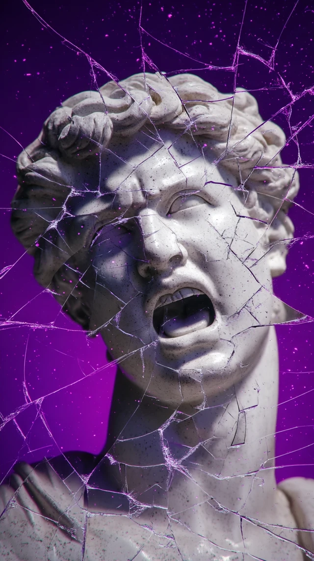 Broken Marble Statue of Man with Violet Splatter