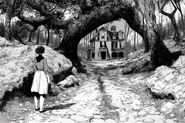 Spooky Forest Path to Haunted House Illustration