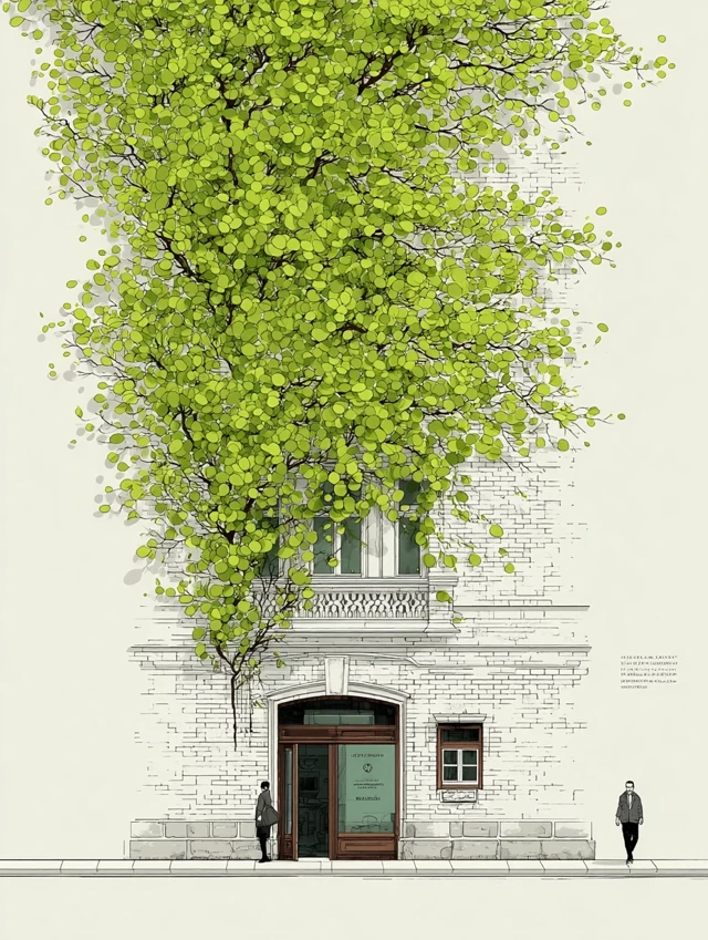 Hand Drawn Cityscape with Green Foliage