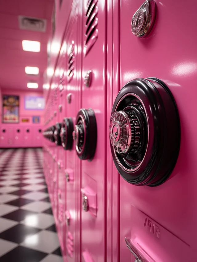 Pink High School Lockers with Black Combination Locks