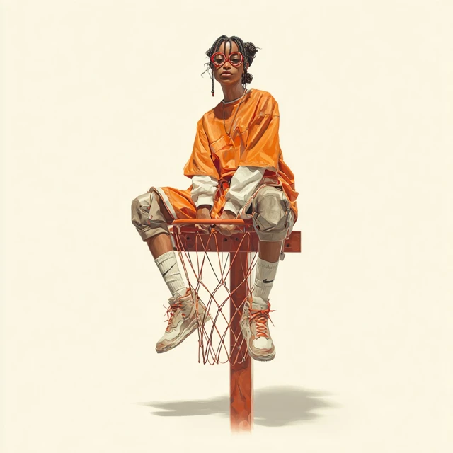 Black Woman on Basketball Hoop Portrait