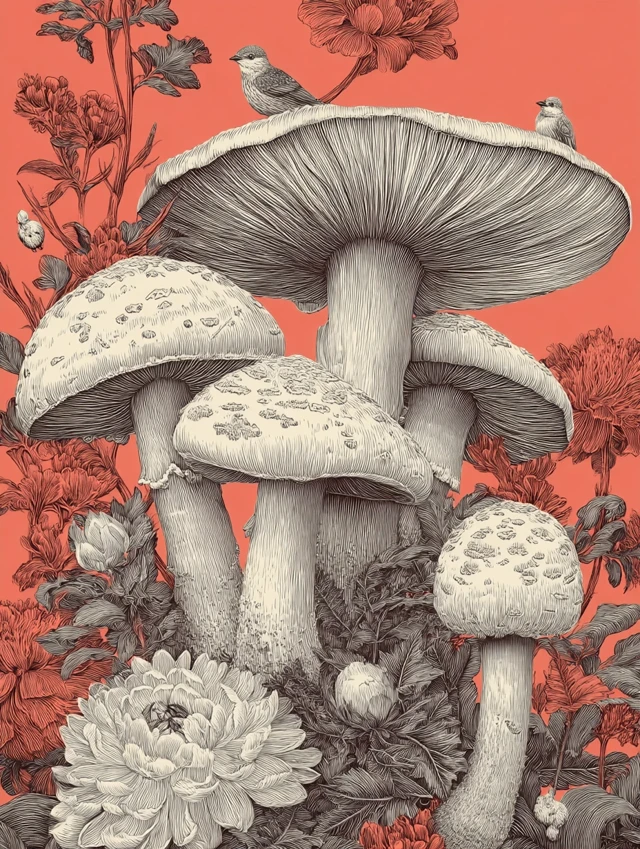 Elegant Botanical Illustration of Mushrooms and Flowers