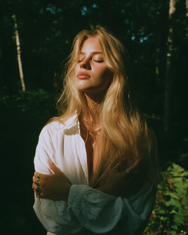 Blonde Woman in Forest Portrait Petra Collins Style